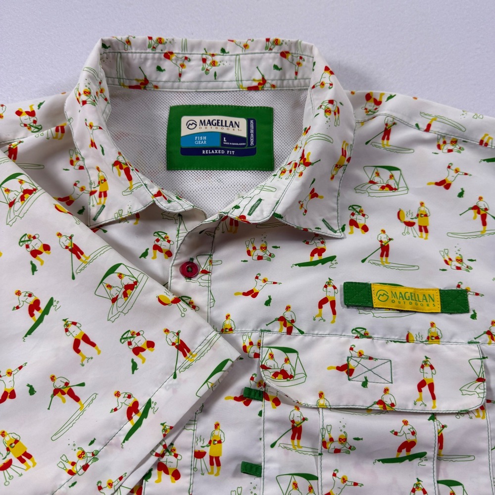 Magellan‎ Outdoors Vented Laguna Madre Fishing Shirt Mens L White Luchador Print